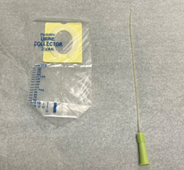 These are the two most common ways to collect a urine sample. For the urine collection bag, the yellow liner is removed so the bag can gently stick to the skin. The child then pees directly into the bag. If a catheter is used, the small, thin end of a clear tube is slid into the bladder until pee comes out from the green end. The pee is collected in a sterile container.